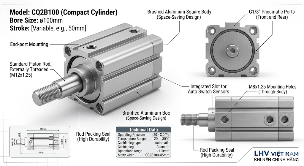 Xylanh khí nén CQ2B100 thân vuông compact piston phi 100mm