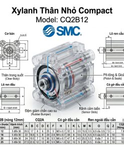 Bản vẽ cấu tạo chi tiết và thông số kỹ thuật xylanh khí nén SMC CQ2B12 chính hãng
