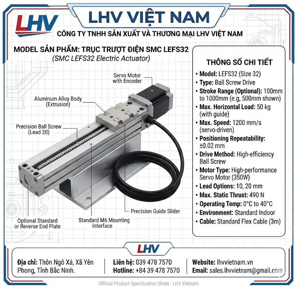 Số liệu kỹ thuật trục trượt điện SMC LEFS32 size 32 Trục trượt điện SMC LEFS32 size 32 dẫn động phôi nặng LHV Việt Nam